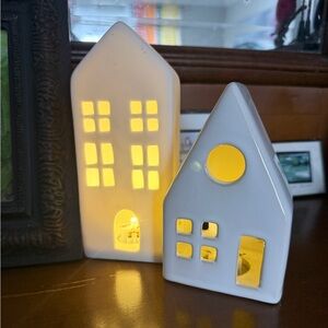 2 White Ceramic light up houses